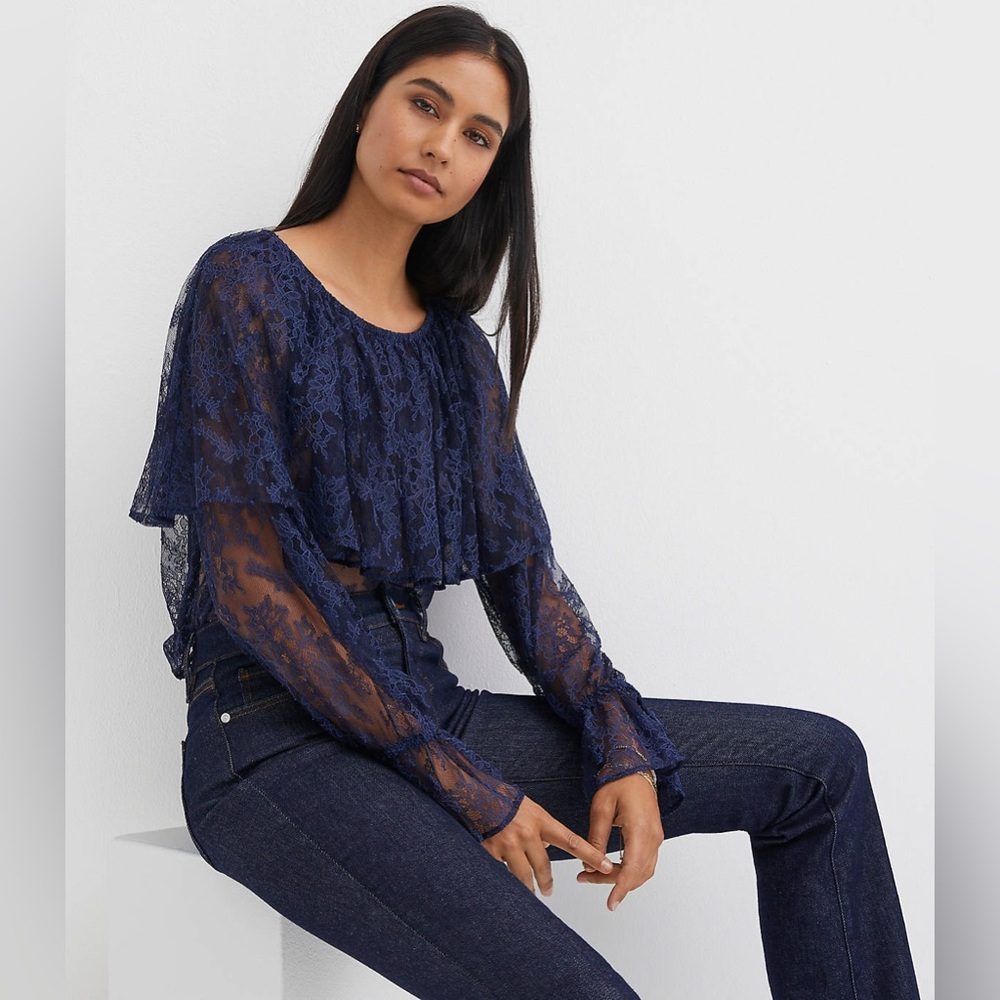 Petite Floral Lace Luxe Cape Top in Navy